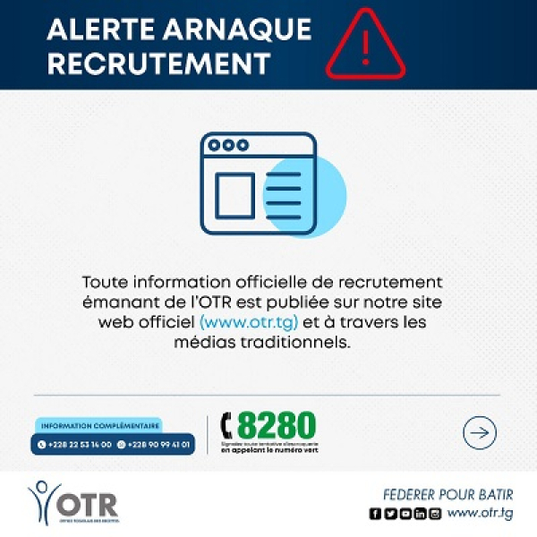 Attention à l&#039;arnaque: L’OTR n’utilise pas les réseaux sociaux ou des applications de messagerie instantanée pour recruter des agents