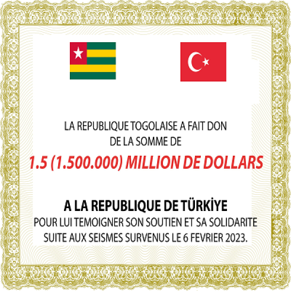 Séismes en Turquie: Le Togo fait un don environ 900 millions FCFA pour panser les plaies