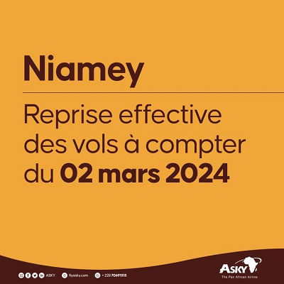 La compagnie Asky annonce la reprise des vols vers Niamey le 02 mars prochain